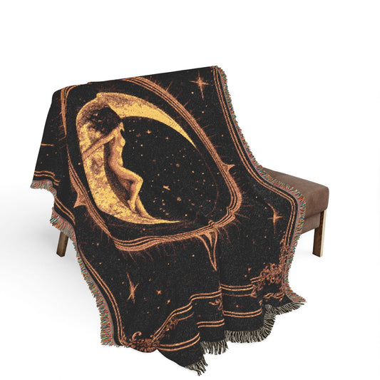 Woven Blanket: Golden Crescent Moon Nightscape Throw — Boho Mystic Home Decor