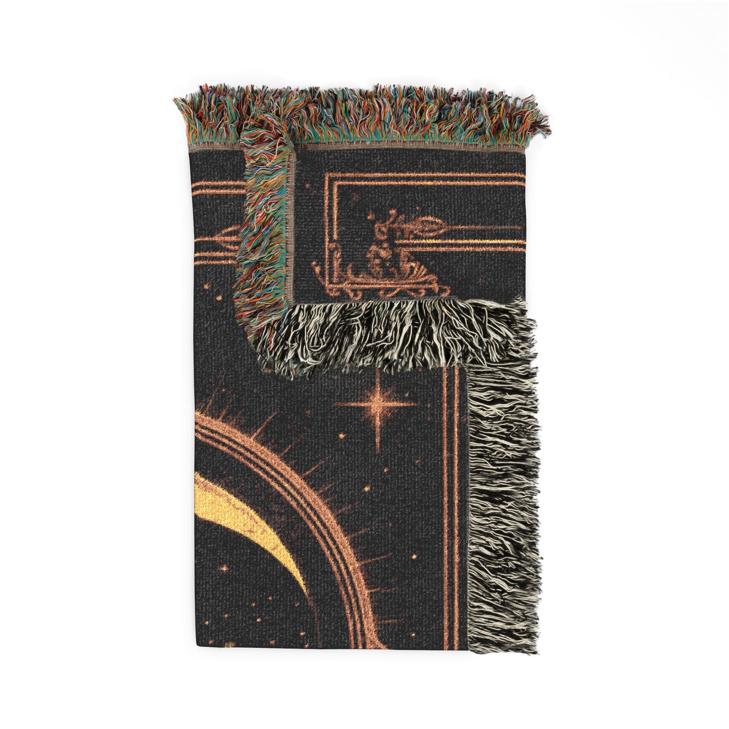 Woven Blanket: Golden Crescent Moon Nightscape Throw — Boho Mystic Home Decor