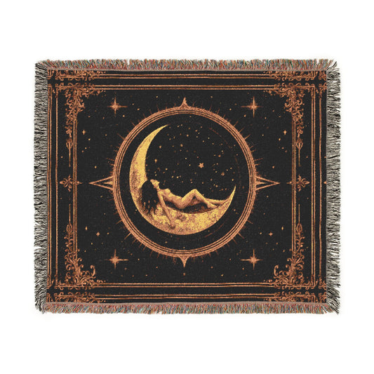 Woven Blanket: Golden Crescent Moon Nightscape Throw — Boho Mystic Home Decor