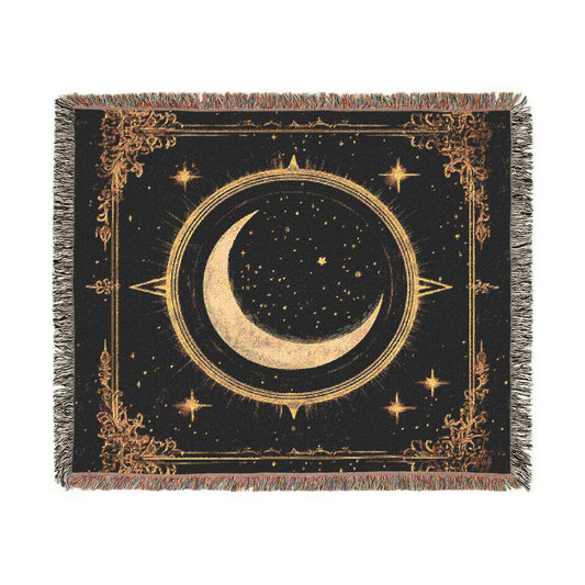 Nocturne Crescent Woven Blanket — Gothic Moon Sigil Tapestry Throw